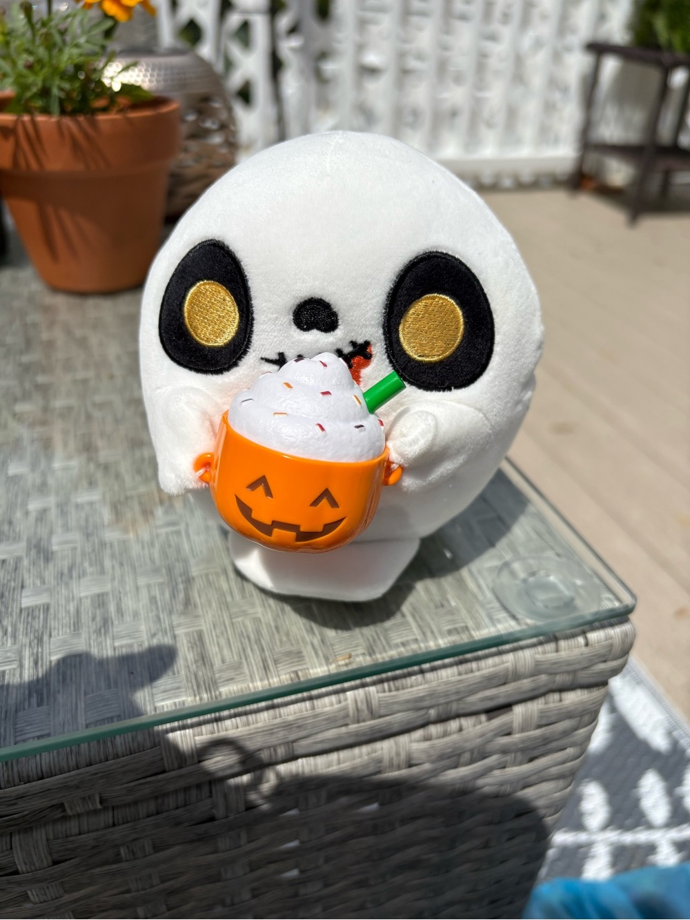 White Plush Ghost Holding Orange Pumpkin Cup 5inch
